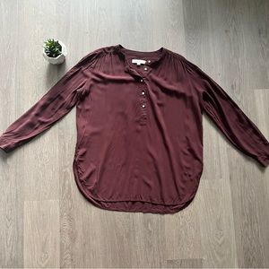 LOFT Cranberry Collarless Blouse with 1/4 Button Down Detail & Cuffable Sleeves